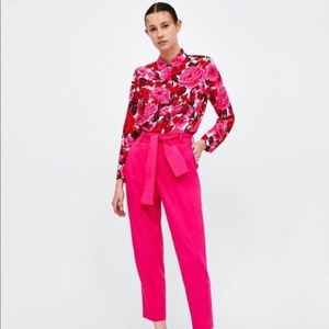 Zara Size XS Hot Pink Trousers With Belt Tie
